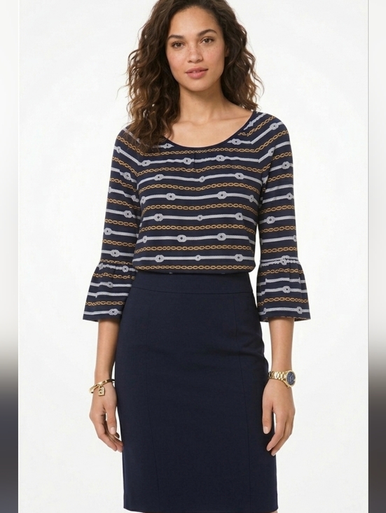 Michael Kors Tops - Michael Kors Nautical Navy Gold Chain Rope Bell Sleeve Peasant Top L